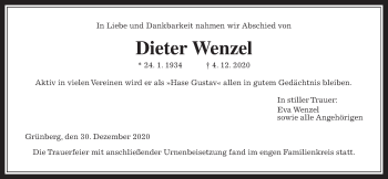 Traueranzeige von Dieter Wenzel von Heimatzeitung Grünberg + Laubach
