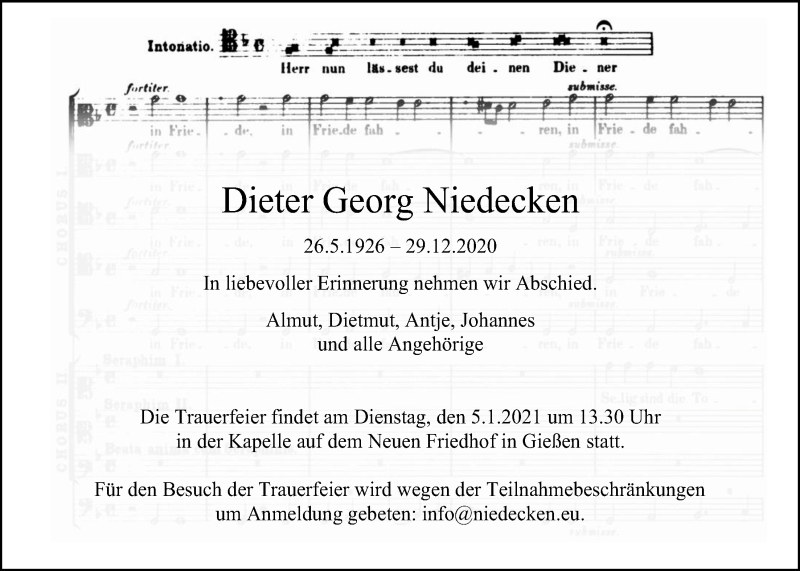  Traueranzeige für Dieter Georg Niedecken vom 31.12.2020 aus Giessener Allgemeine, Alsfelder Allgemeine