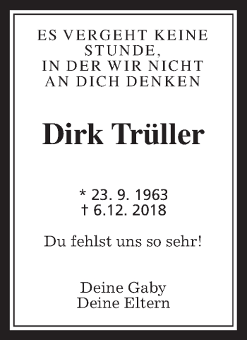 Traueranzeige von Dirk Trüller von Wetterauer Zeitung, Giessener Allgemeine, Alsfelder Allgemeine