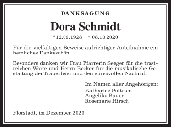 Traueranzeige von Dora Schmidt von Wetterauer Zeitung