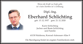 Traueranzeige von Eberhard Schlichting von Bad Vilbel/Karben