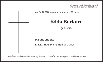 Traueranzeige von Edda Burkard von Wetterauer Zeitung