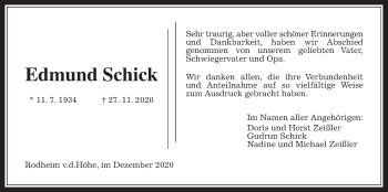 Traueranzeige von Edmung Schick von Wetterauer Zeitung