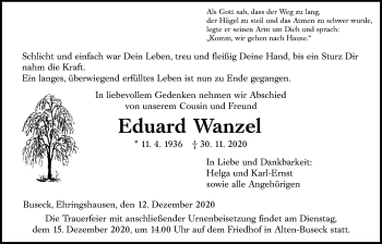 Traueranzeige von Eduard Wanzel von Giessener Allgemeine, Alsfelder Allgemeine