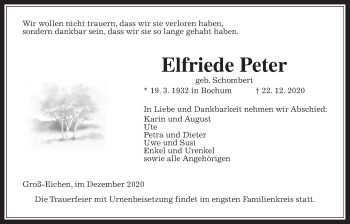 Traueranzeige von Elfriede Peter von Giessener Allgemeine, Alsfelder Allgemeine