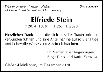 Traueranzeige von Elfriede Stein von Giessener Allgemeine, Alsfelder Allgemeine