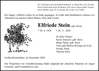 Traueranzeige von Elfriede Stein von Giessener Allgemeine, Alsfelder Allgemeine