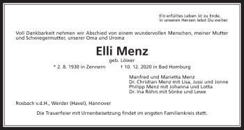 Traueranzeige von Elli Menz von Wetterauer Zeitung