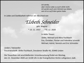 Traueranzeige von Elsbeth Schneider von Giessener Allgemeine, Alsfelder Allgemeine