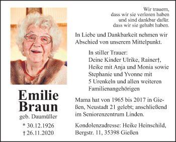Traueranzeige von Emilie Braun von Giessener Allgemeine, Alsfelder Allgemeine