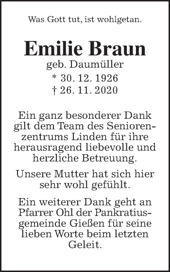 Traueranzeige von Emilie Braun von Giessener Allgemeine, Alsfelder Allgemeine