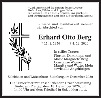 Traueranzeige von Erhard Otto Berg von Giessener Allgemeine, Alsfelder Allgemeine