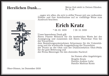 Traueranzeige von Erich Kratz von Alsfelder Allgemeine
