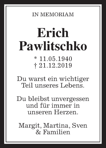 Traueranzeige von Erich Pawlitschko von Giessener Allgemeine, Alsfelder Allgemeine