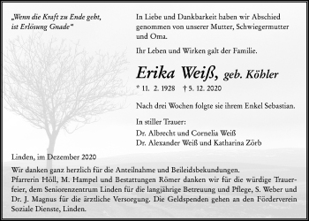 Traueranzeige von Erika Weiß von Giessener Allgemeine, Alsfelder Allgemeine