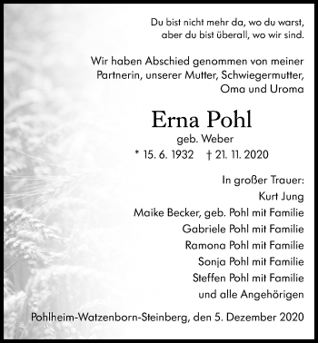Traueranzeige von Erna Pohl von Giessener Allgemeine, Alsfelder Allgemeine