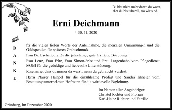 Traueranzeige von Erni Deichmann von Heimatzeitung Grünberg + Laubach
