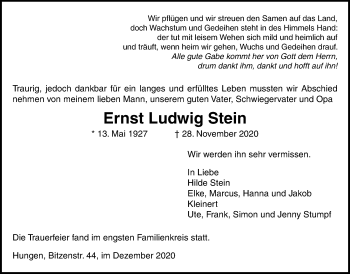 Traueranzeige von Ernst Ludwig Stein von Licher Wochenblatt