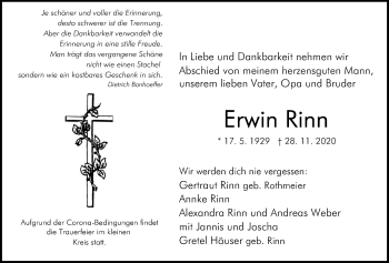 Traueranzeige von Erwin Rinn von Giessener Allgemeine, Alsfelder Allgemeine