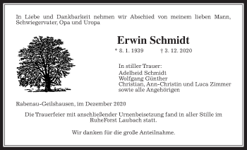 Traueranzeige von Erwin Schmidt von Rabenauer Zeitung