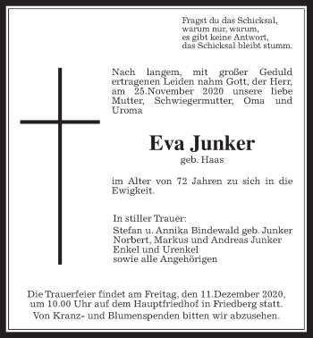 Traueranzeige von Eva Junker von Wetterauer Zeitung