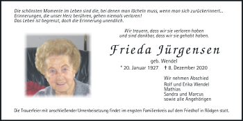 Traueranzeige von Frieda Jürgensen von Wetterauer Zeitung