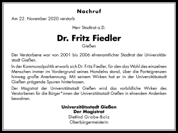 Traueranzeige von Fritz Fiedler von Giessener Allgemeine, Alsfelder Allgemeine