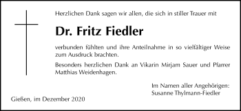 Traueranzeige von Fritz Fiedler von Giessener Allgemeine, Alsfelder Allgemeine