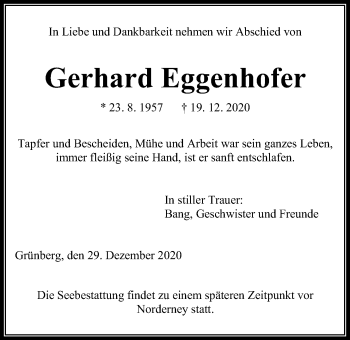 Traueranzeige von Gerhard Eggenhofer von Giessener Allgemeine, Alsfelder Allgemeine