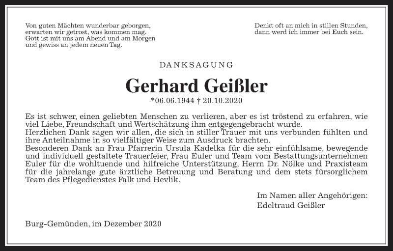  Traueranzeige für Gerhard Geißler vom 05.12.2020 aus Alsfelder Allgemeine, Giessener Allgemeine