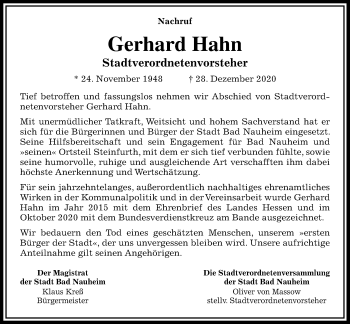 Traueranzeige von Gerhard Hahn von Wetterauer Zeitung