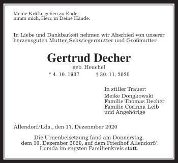 Traueranzeige von Gertrud Decher von Allendorfer Mitteilungen