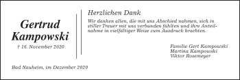 Traueranzeige von Gertrud Kampowski von Wetterauer Zeitung