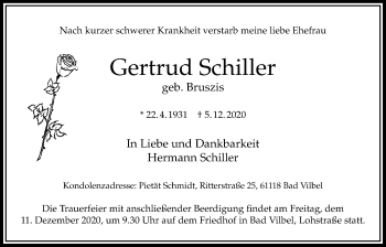 Traueranzeige von Gertrud Schiller von Bad Vilbel/Karben
