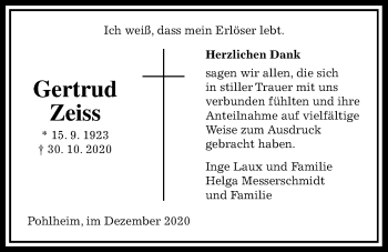 Traueranzeige von Gertrud Zeiss von Pohlheimer Nachrichten