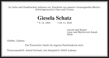 Traueranzeige von Giesela Schatz von Giessener Allgemeine, Alsfelder Allgemeine