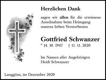 Traueranzeige von Gottfried Schwanzer von Giessener Allgemeine, Alsfelder Allgemeine