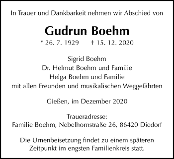 Traueranzeige von Gudrun Boehm von Giessener Allgemeine, Alsfelder Allgemeine