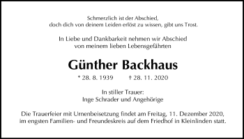 Traueranzeige von Günther Backhaus von Giessener Allgemeine, Alsfelder Allgemeine