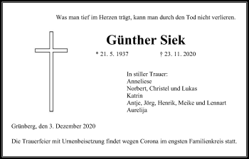 Traueranzeige von Günther Siek von Heimatzeitung Grünberg + Laubach