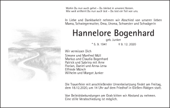 Traueranzeige von Hannelore Bogenhard von Giessener Allgemeine, Alsfelder Allgemeine