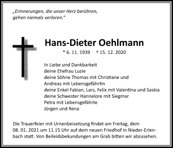 Traueranzeige von Hans-Dieter Oehlmann von Bad Vilbel/Karben