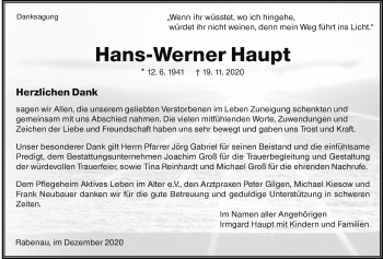 Traueranzeige von Hans-Werner Haupt von Giessener Allgemeine, Alsfelder Allgemeine