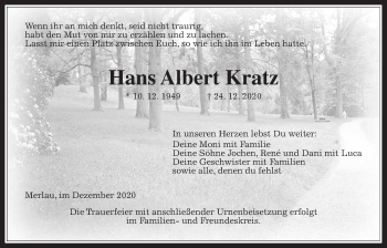 Traueranzeige von Hans Albert Kratz von Alsfelder Allgemeine