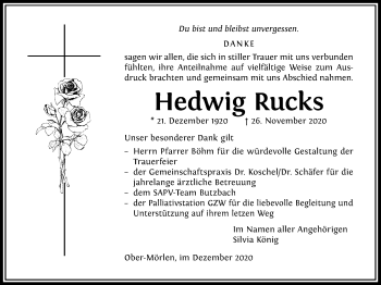Traueranzeige von Hedwig Rucks von Wetterauer Zeitung
