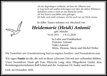 Traueranzeige von Heidemarie Antonic von Licher Wochenblatt