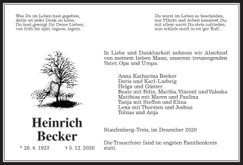 Traueranzeige von Heinrich Becker von Giessener Allgemeine, Alsfelder Allgemeine