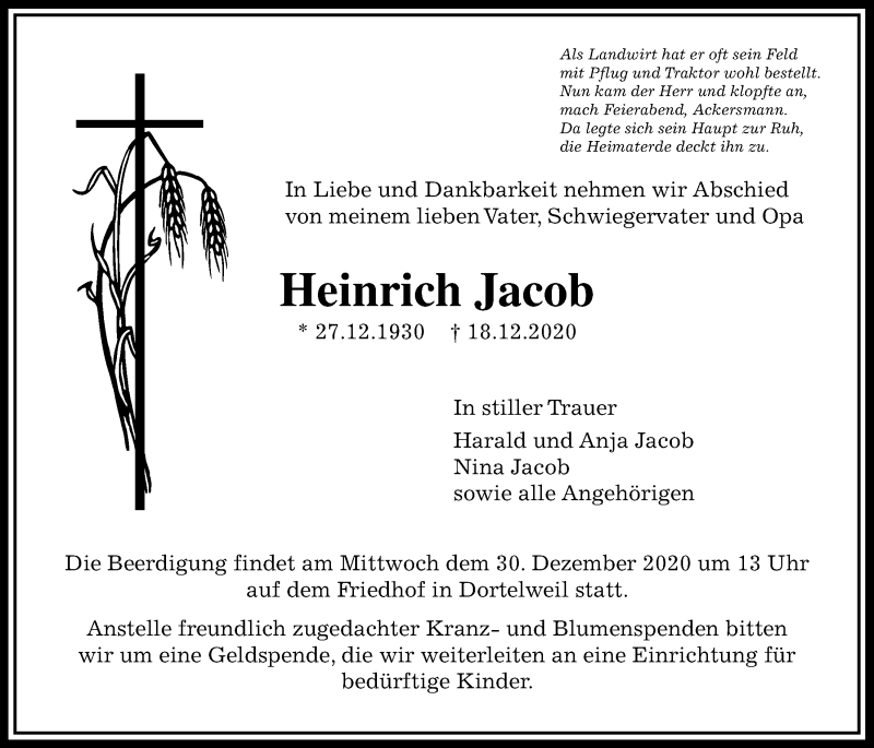  Traueranzeige für Heinrich Jacob vom 23.12.2020 aus Wetterauer Zeitung