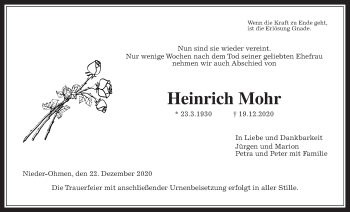 Traueranzeige von Heinrich Mohr von Alsfelder Allgemeine