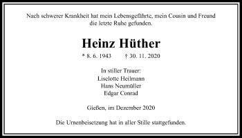 Traueranzeige von Heinz Hüther von Giessener Allgemeine, Alsfelder Allgemeine